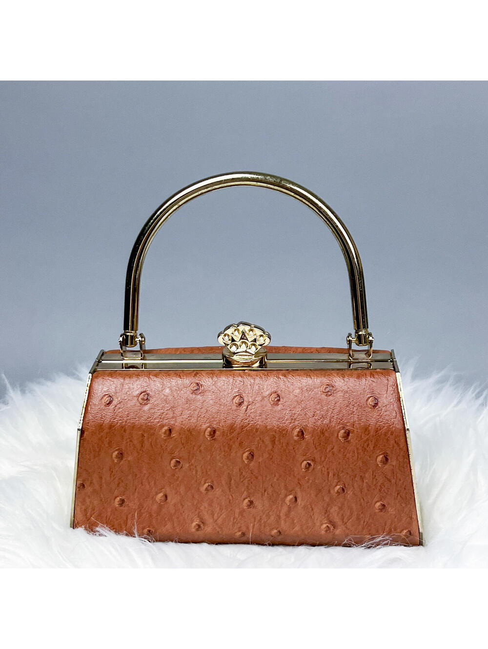 Bijoux Terner Mini Purse, Brown Faux Ostrich Top Handle Structured Evening Bag